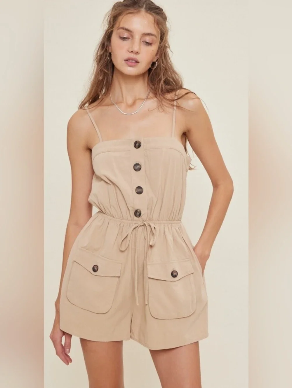 Beige Button-Front Drawstring Romper - Picture 1 of 2